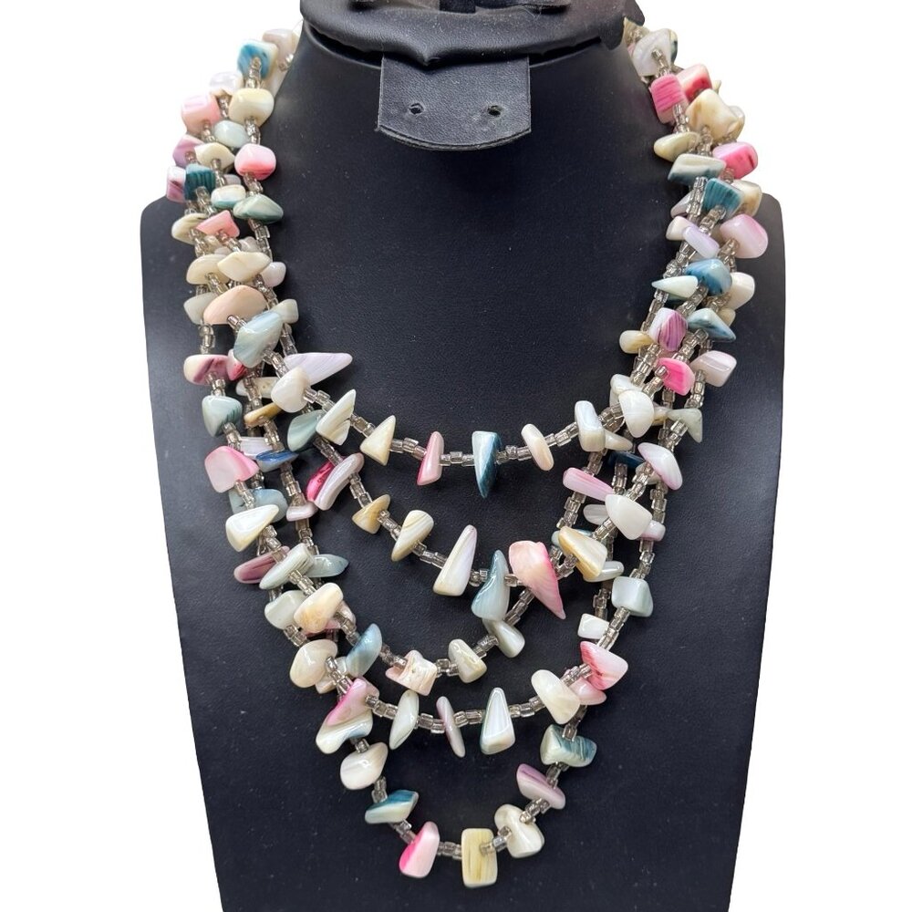 Vintage Japan 5 Strand White Blue Pink Mother of Pearl Abalone Beaded Necklace